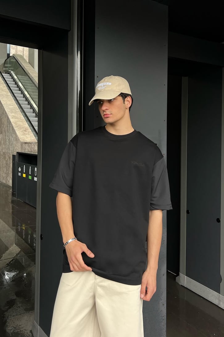 Retro Club Nakışlı Siyah Oversize Tişört