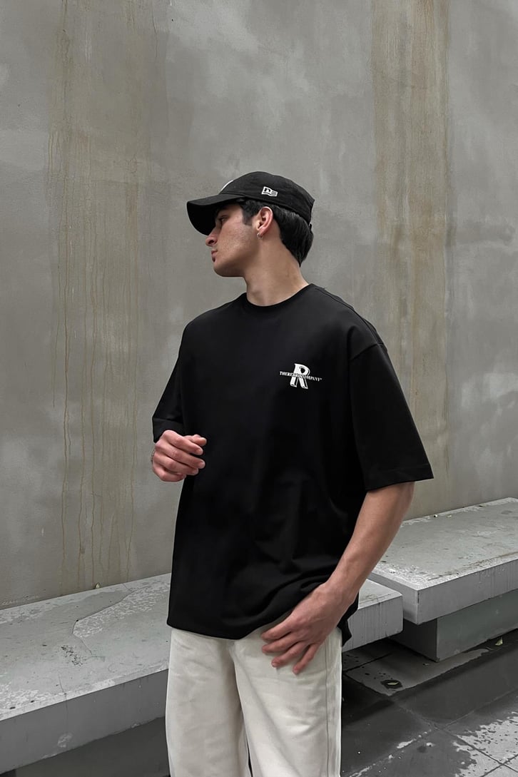 Retro Company Baskılı Siyah Oversize Tişört