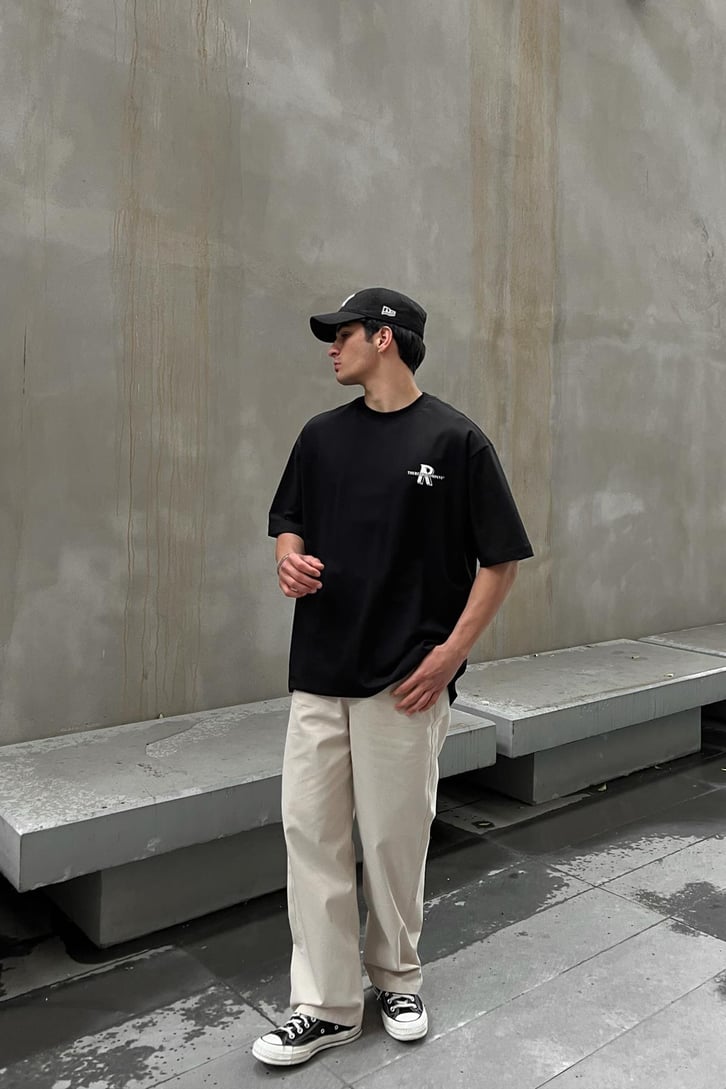 Retro Company Baskılı Siyah Oversize Tişört