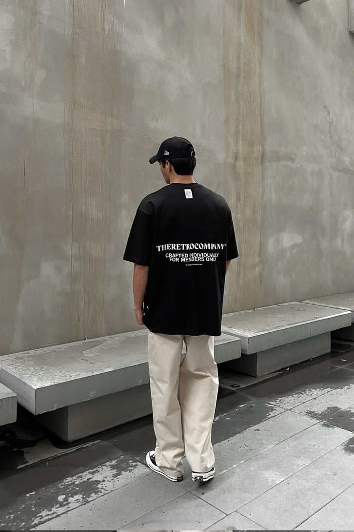 Retro Company Baskılı Siyah Oversize Tişört