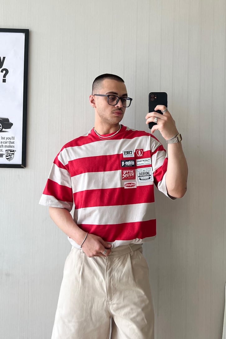 Retro Vibe Etiket Nakışlı Çizgili Oversize Tişört