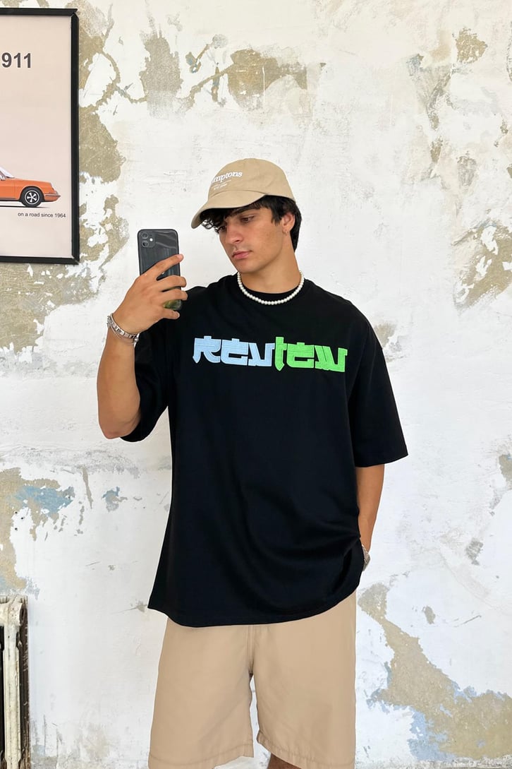 Rev Baskılı Siyah Oversize Tişört