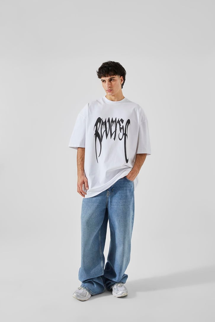 Reverse Baskılı Beyaz Oversize Tişört