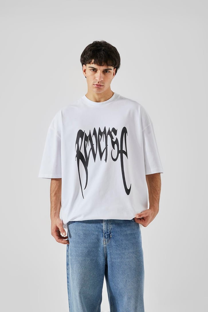 Reverse Baskılı Beyaz Oversize Tişört