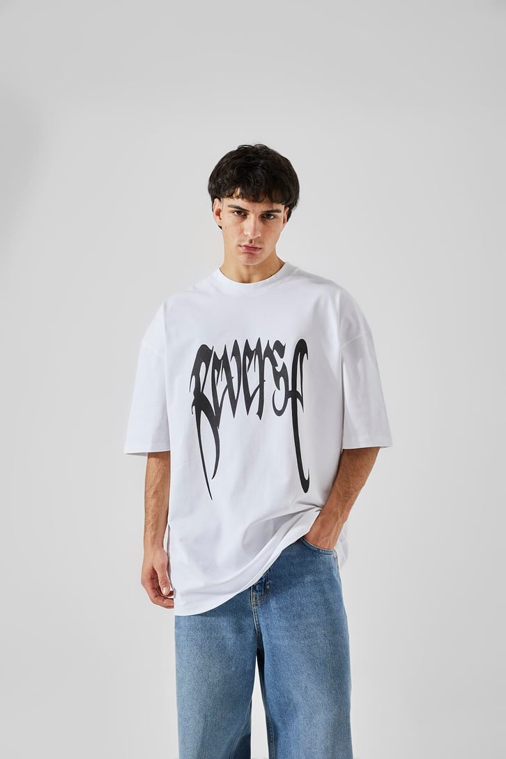 Reverse Baskılı Beyaz Oversize Tişört