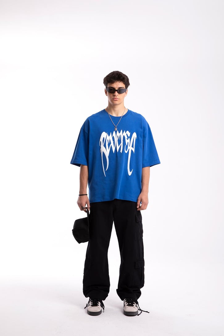 Reverse Baskılı Mavi Oversize Tshirt