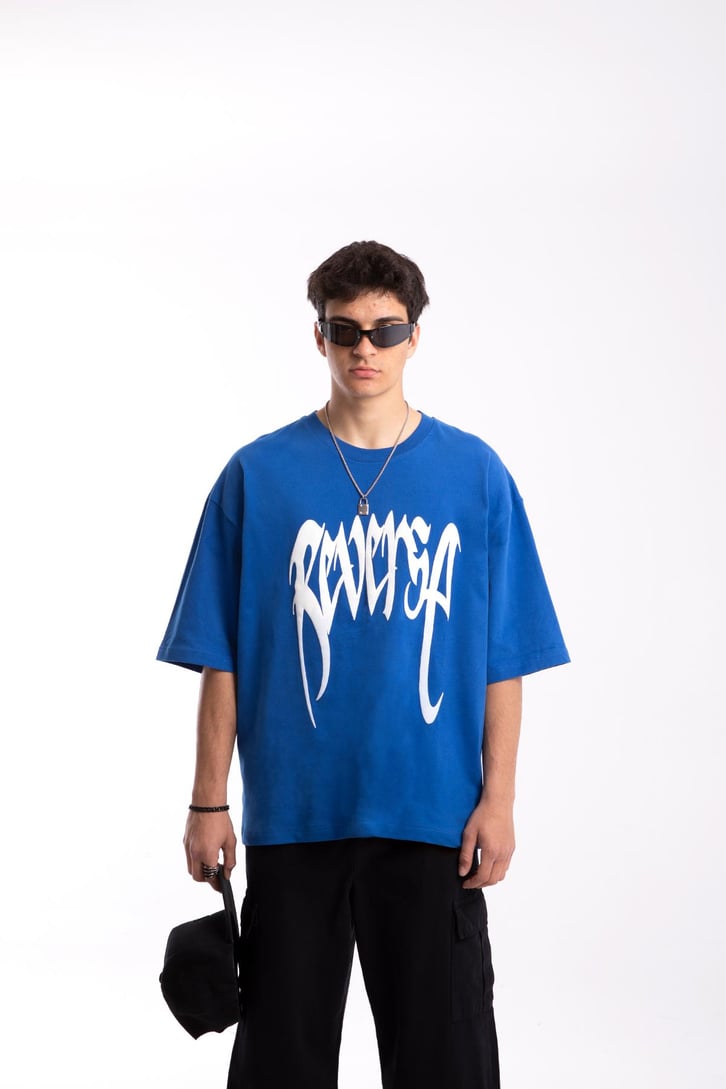 Reverse Baskılı Mavi Oversize Tshirt