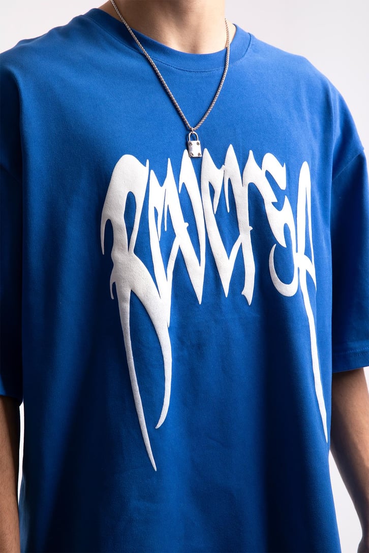 Reverse Baskılı Mavi Oversize Tshirt