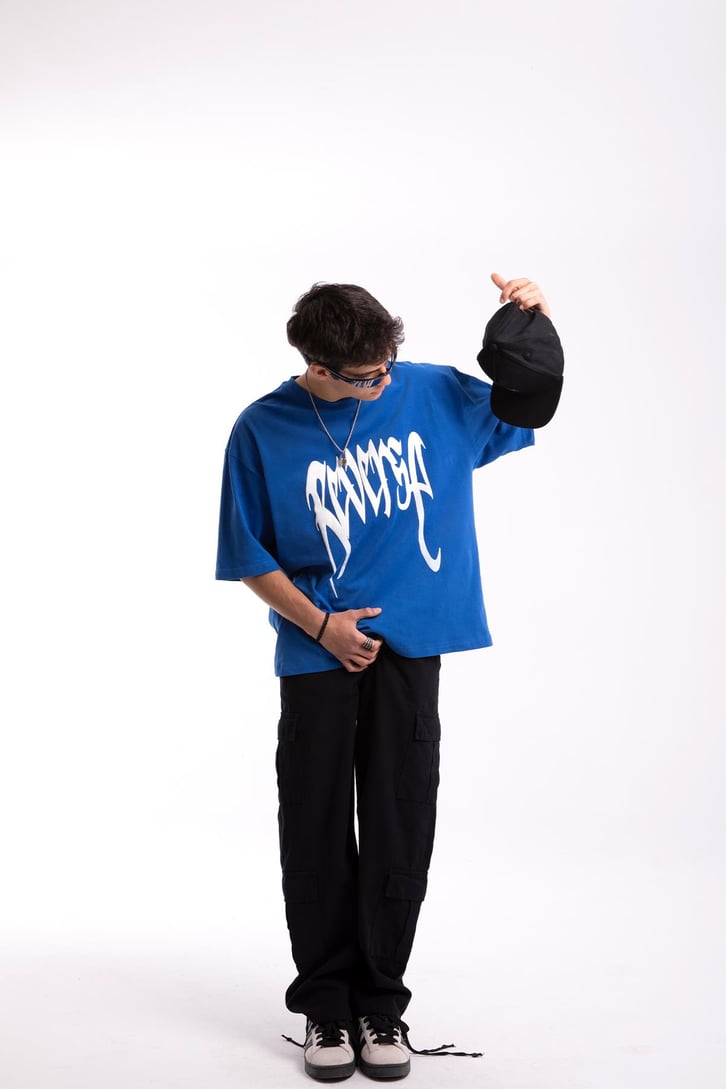 Reverse Baskılı Mavi Oversize Tshirt