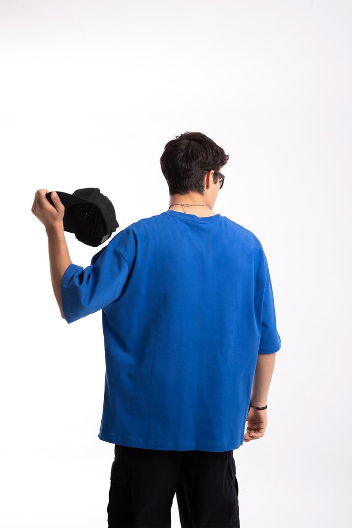 Reverse Baskılı Mavi Oversize Tshirt