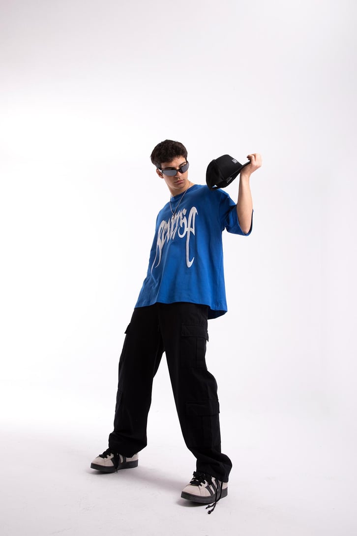 Reverse Baskılı Mavi Oversize Tshirt