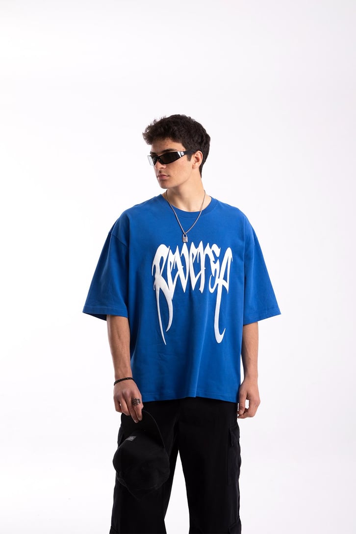 Reverse Baskılı Mavi Oversize Tshirt