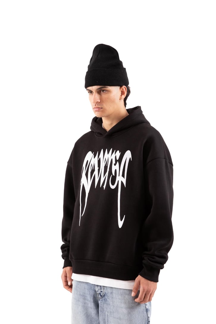 Reverse Baskılı Siyah Oversize Hoodie
