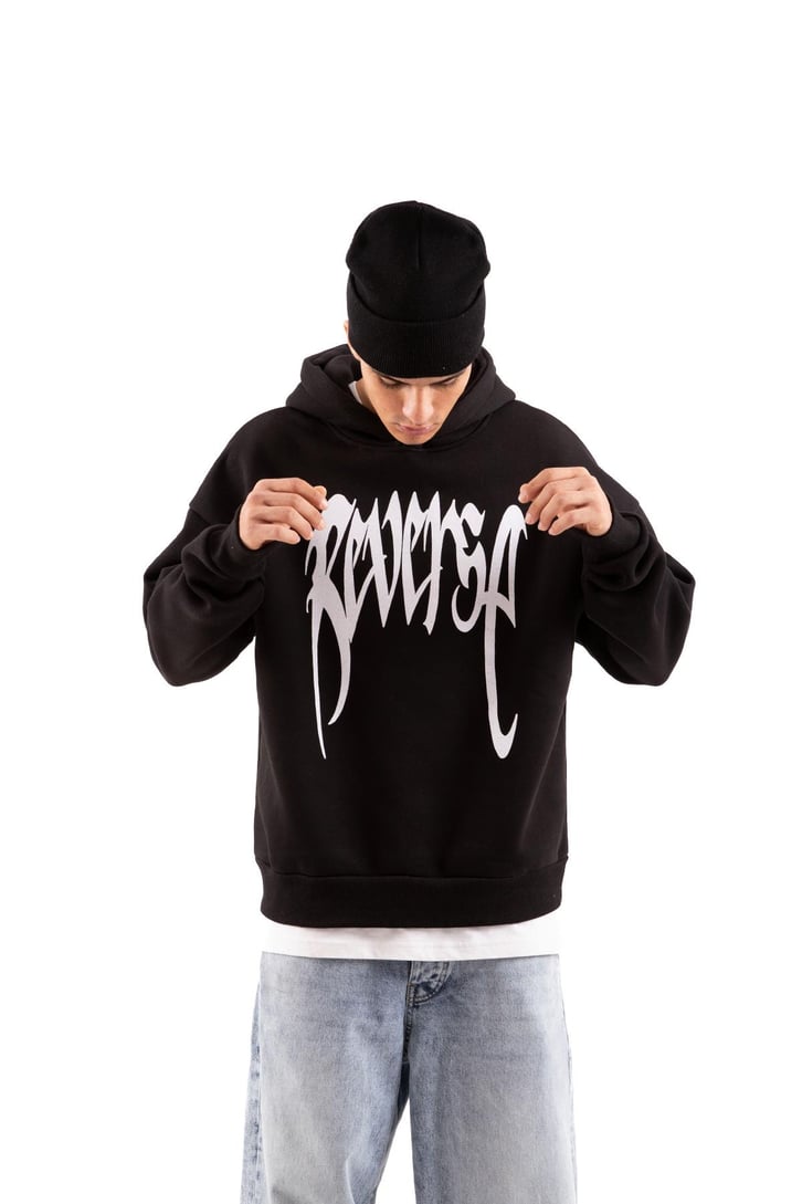 Reverse Baskılı Siyah Oversize Hoodie