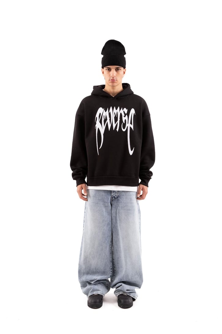 Reverse Baskılı Siyah Oversize Hoodie