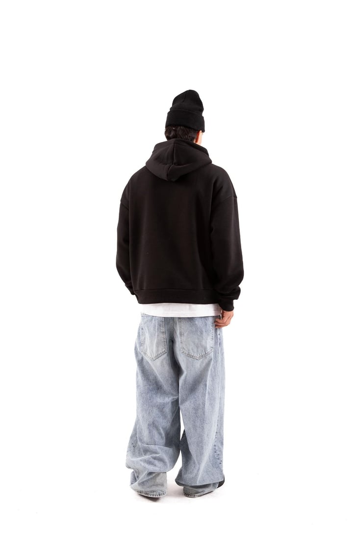 Reverse Baskılı Siyah Oversize Hoodie