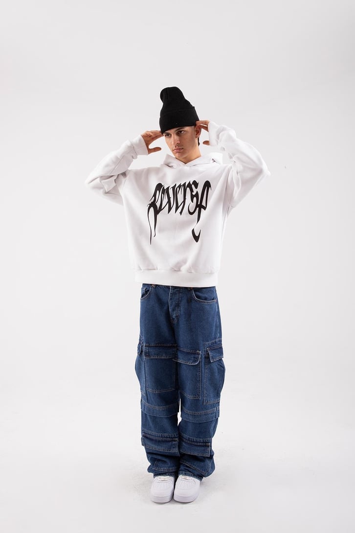 Reverse Baskılı Siyah Oversize Hoodie