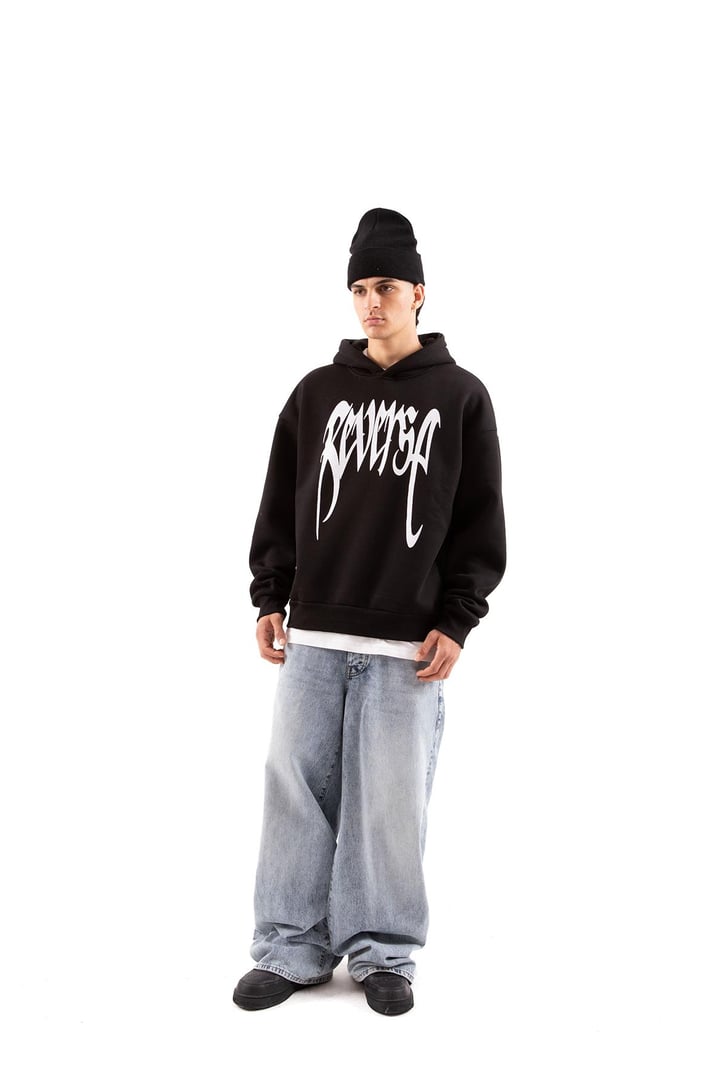Reverse Baskılı Siyah Oversize Hoodie