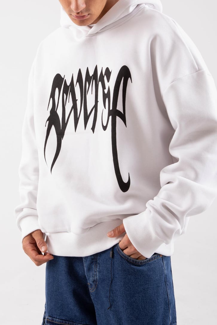 Reverse Baskılı Siyah Oversize Hoodie