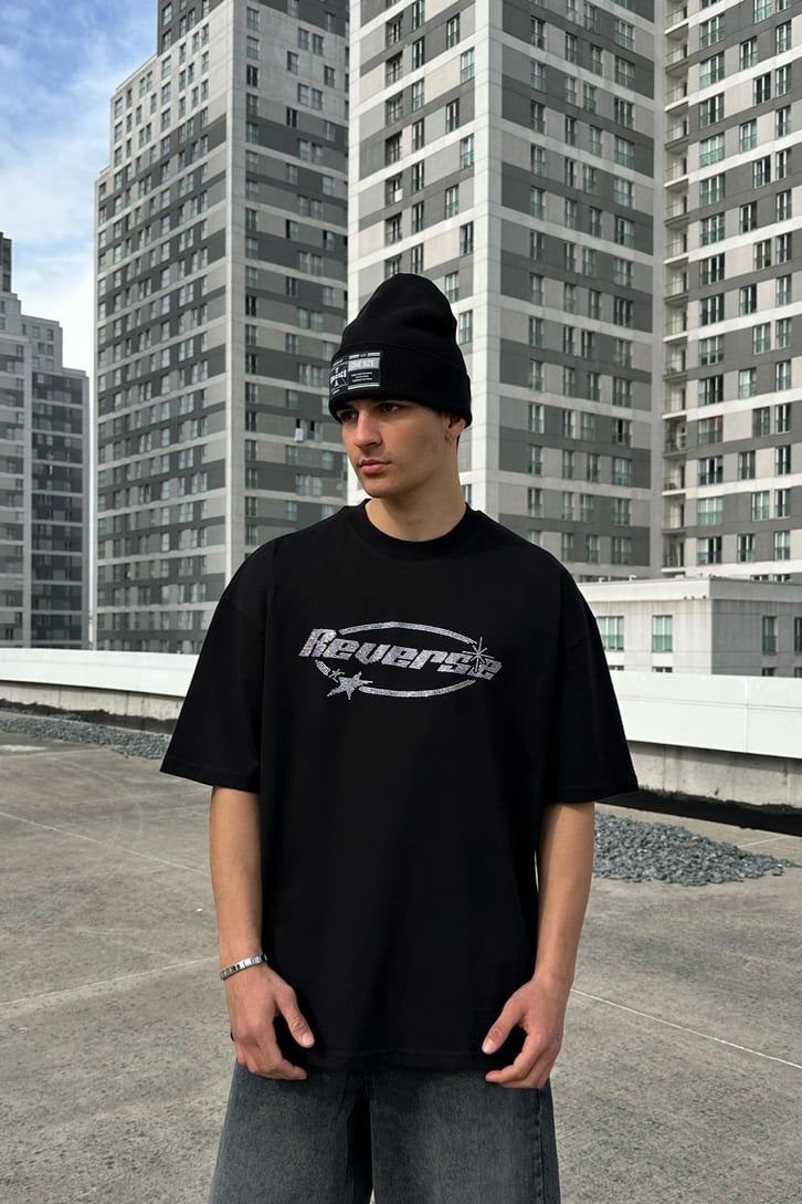Reverse Rhinestone Siyah Oversize Tişört