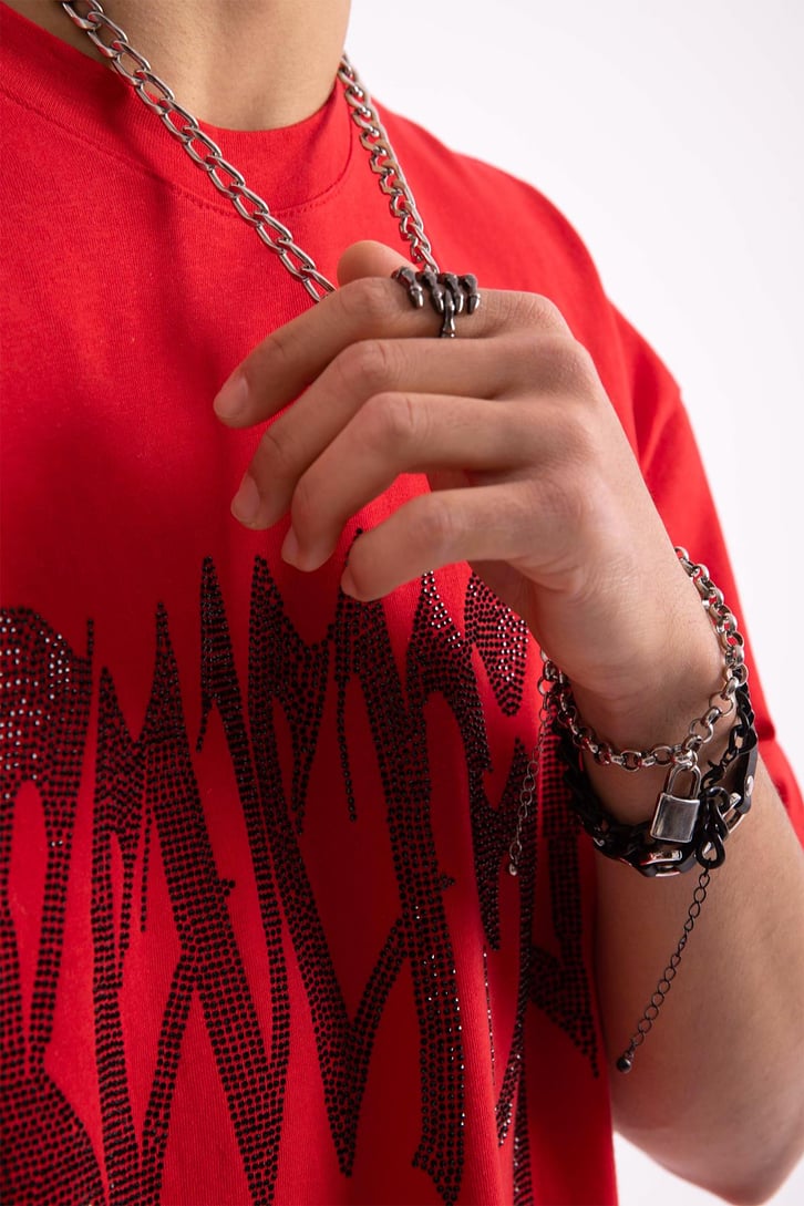 Reverse Taş İşlemeli Oversize Tshirt