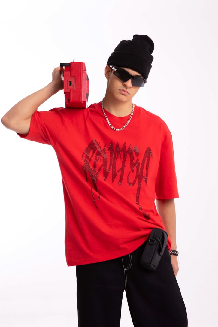 Reverse Taş İşlemeli Oversize Tshirt