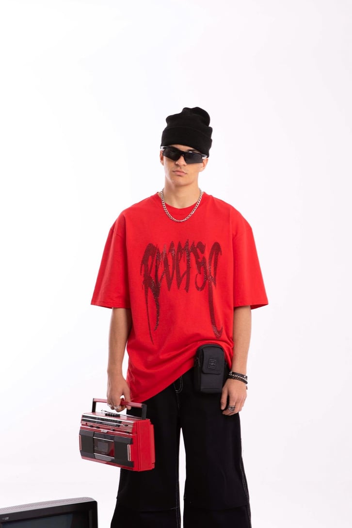 Reverse Taş İşlemeli Oversize Tshirt