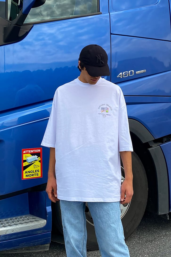 Rhode Island Baskılı Beyaz Oversize Tshirt