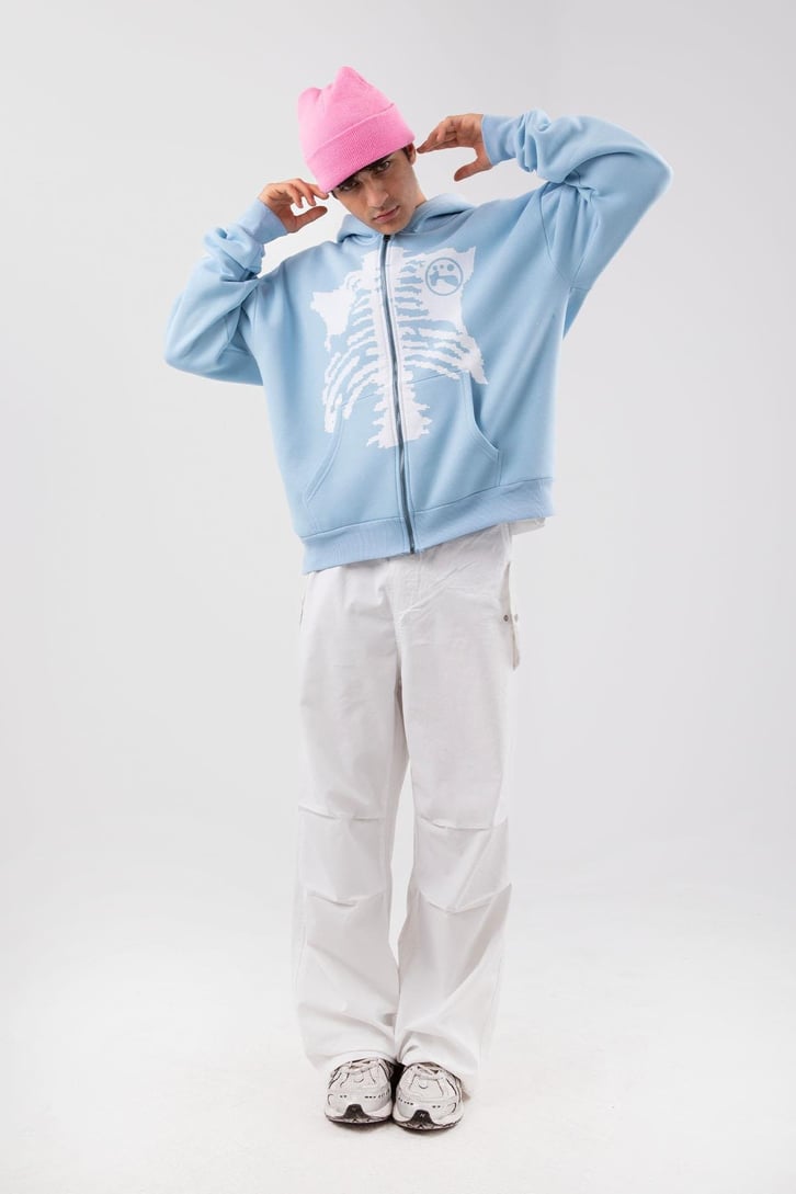 Rıb Cage Baskılı Mavi Oversize Zip Hoodie