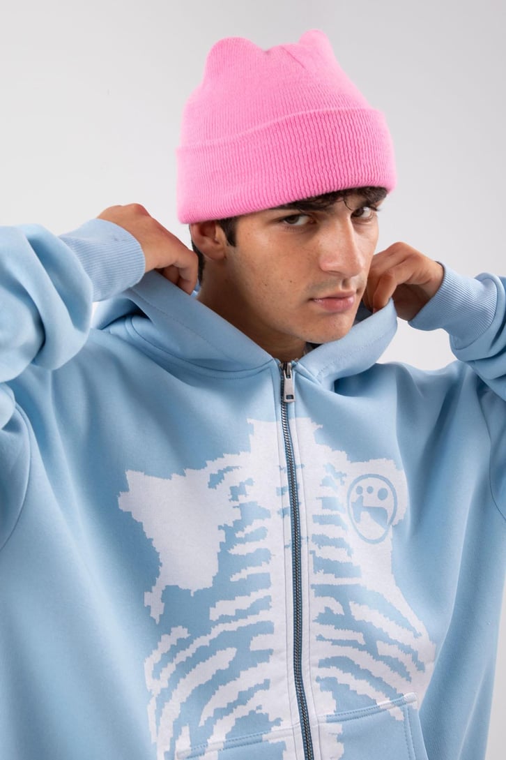 Rıb Cage Baskılı Mavi Oversize Zip Hoodie