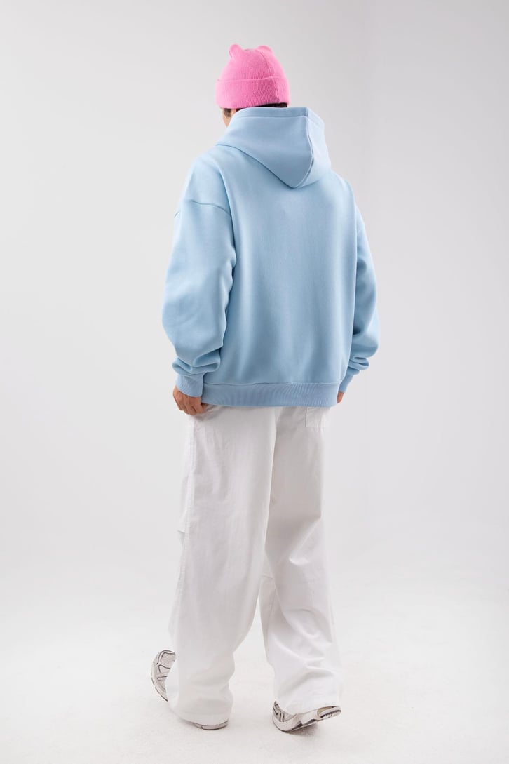 Rıb Cage Baskılı Mavi Oversize Zip Hoodie