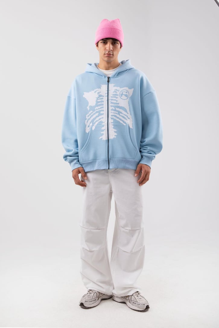 Rıb Cage Baskılı Mavi Oversize Zip Hoodie