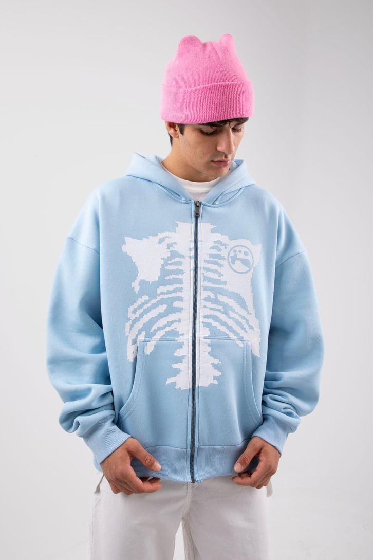 Rıb Cage Baskılı Mavi Oversize Zip Hoodie