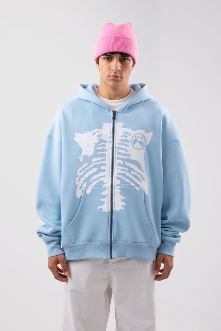 Rıb Cage Baskılı Mavi Oversize Zip Hoodie