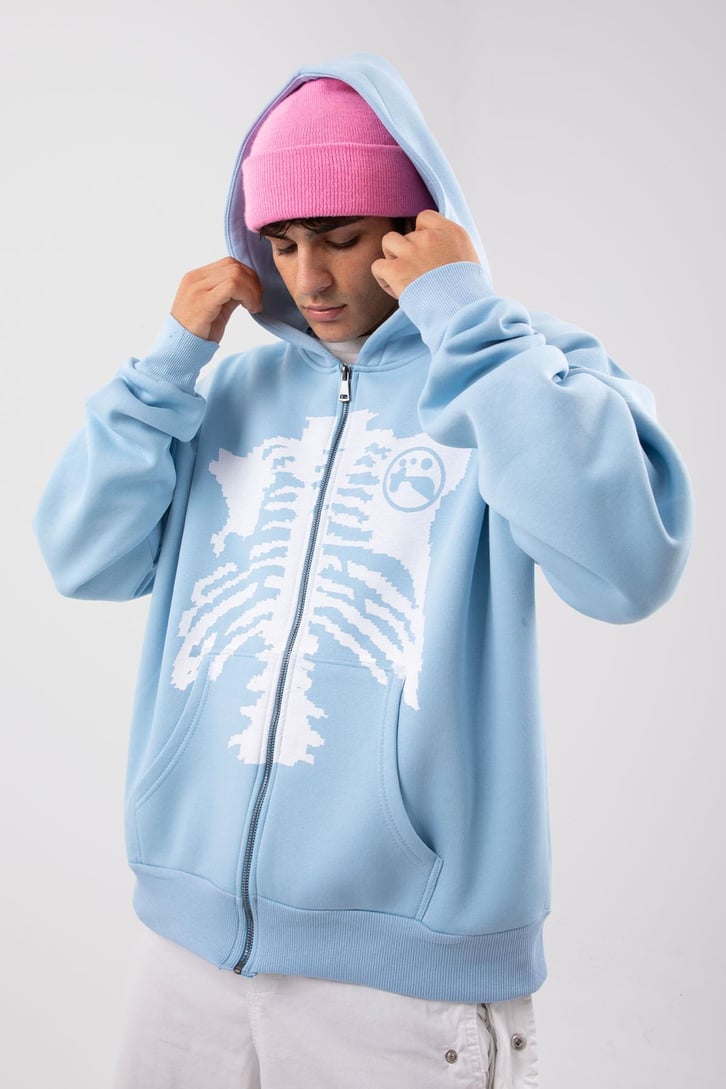 Rıb Cage Baskılı Mavi Oversize Zip Hoodie