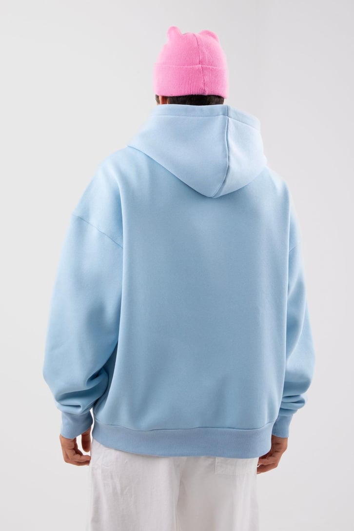 Rıb Cage Baskılı Mavi Oversize Zip Hoodie