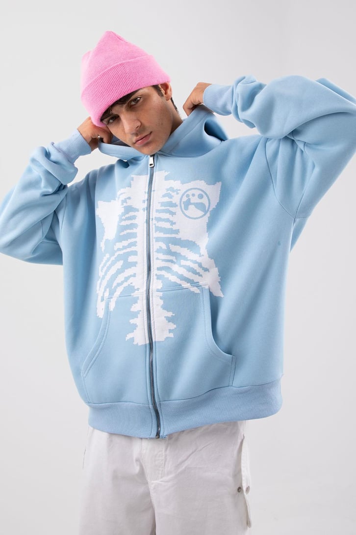 Rıb Cage Baskılı Mavi Oversize Zip Hoodie
