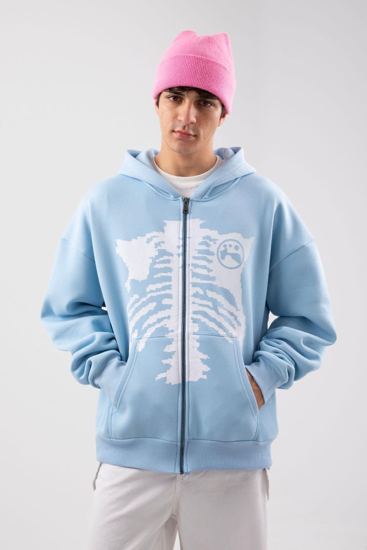 Rıb Cage Baskılı Mavi Oversize Zip Hoodie
