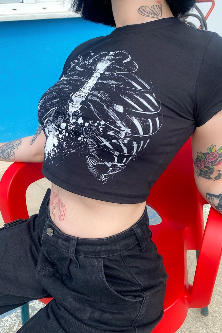 Rib Cage Baskılı Siyah Crop