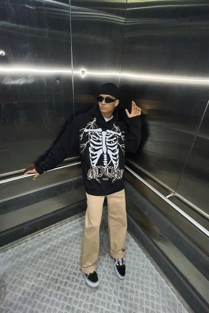 Rib Cage Baskılı Siyah İçi Pamuklu Oversize Hoodie
