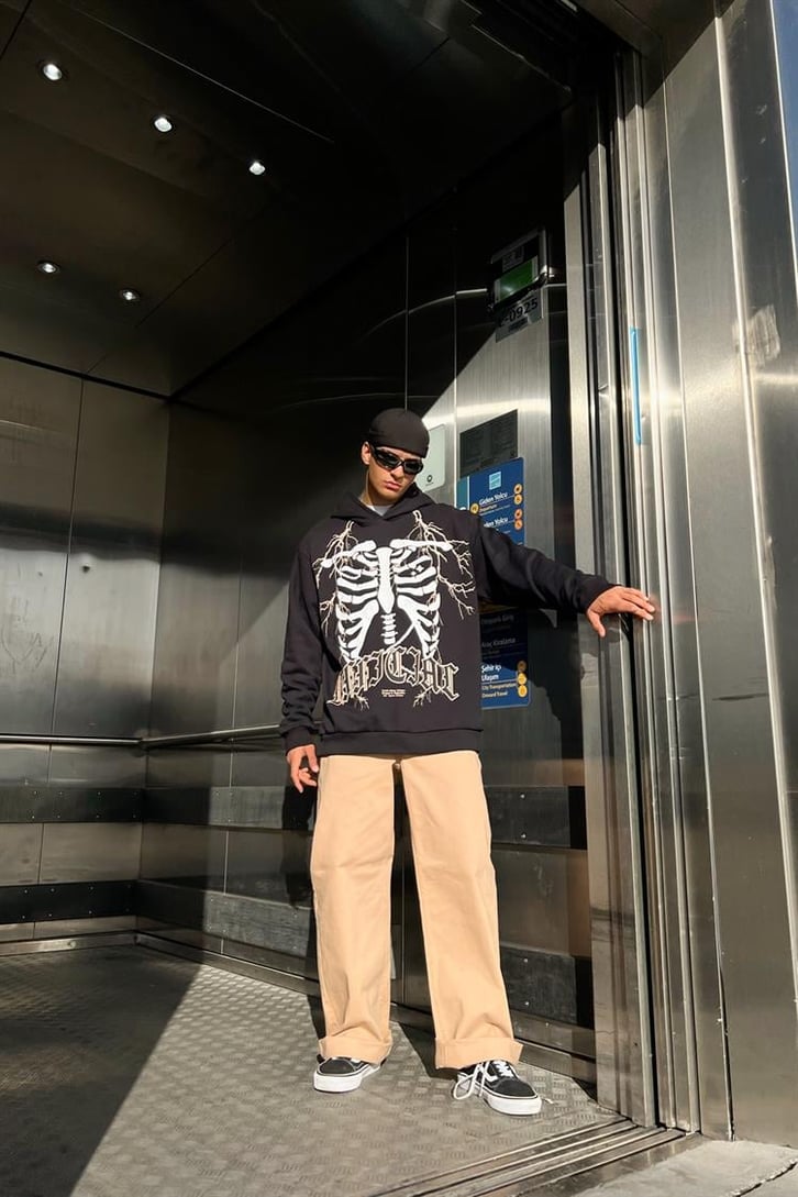 Rib Cage Baskılı Siyah İçi Pamuklu Oversize Hoodie