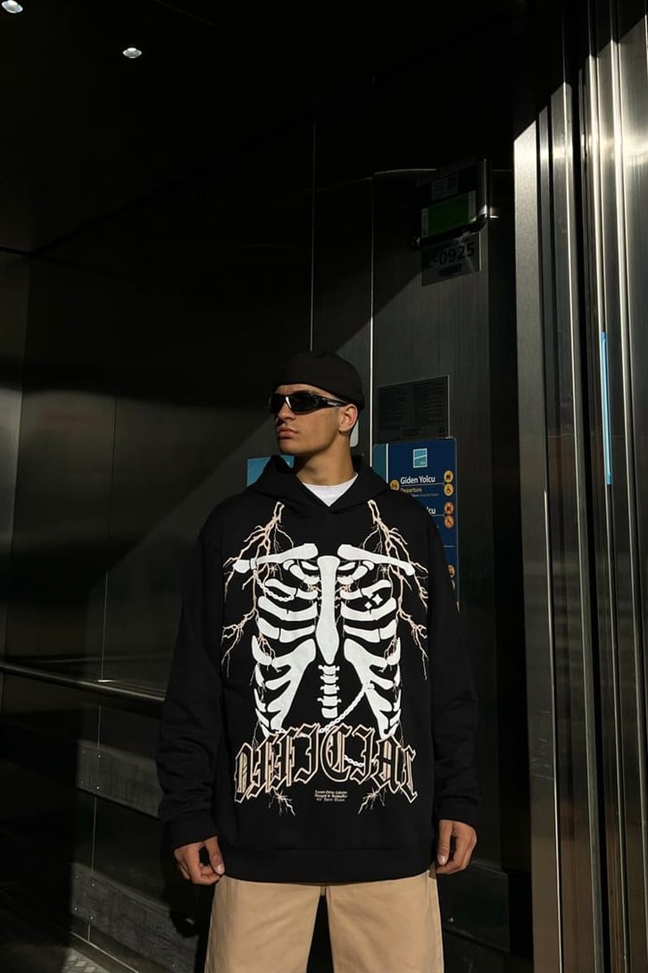 Rib Cage Baskılı Siyah İçi Pamuklu Oversize Hoodie