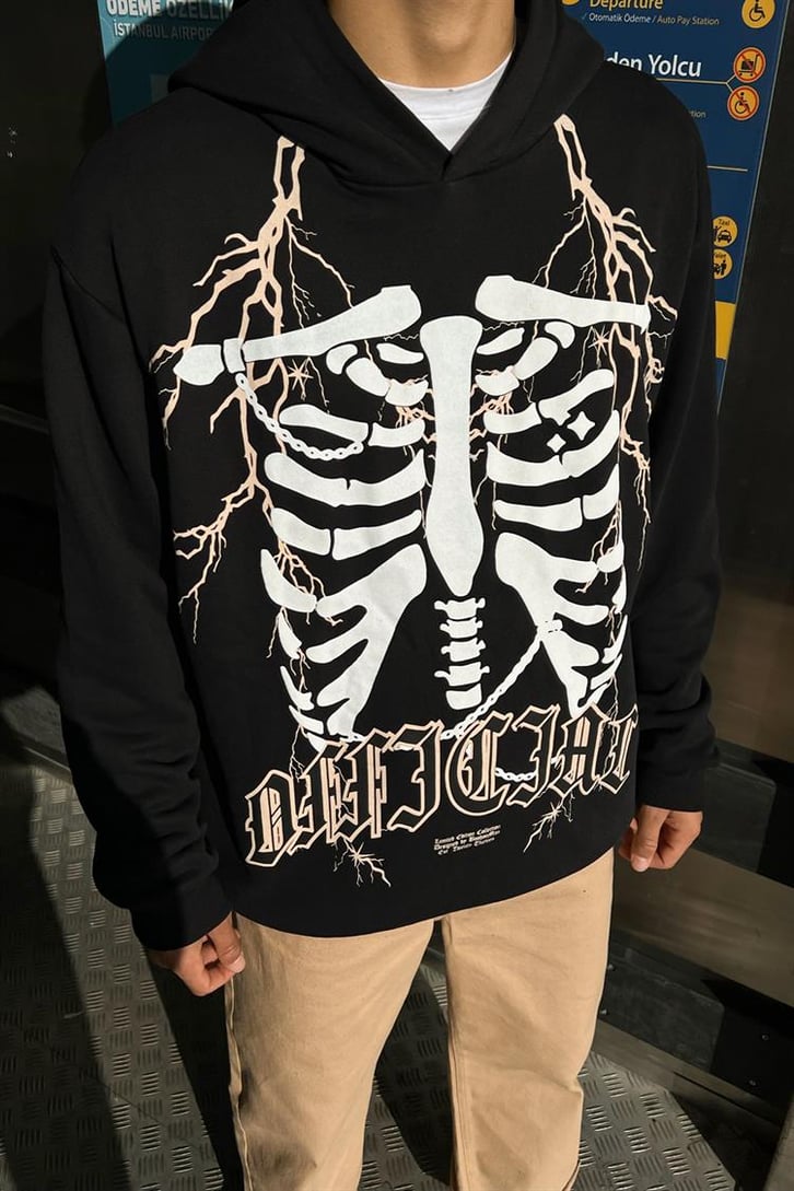 Rib Cage Baskılı Siyah İçi Pamuklu Oversize Hoodie