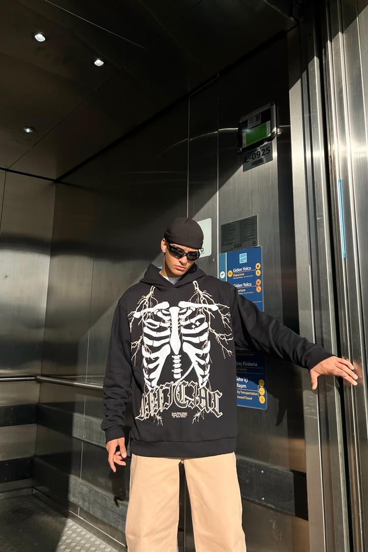 Rib Cage Baskılı Siyah İçi Pamuklu Oversize Hoodie