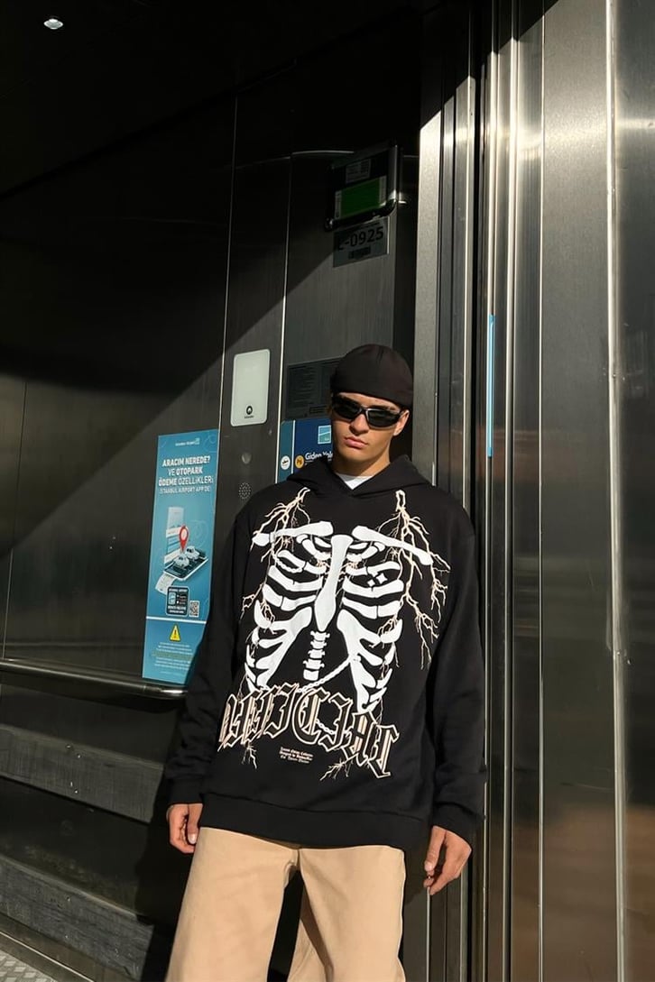 Rib Cage Baskılı Siyah İçi Pamuklu Oversize Hoodie