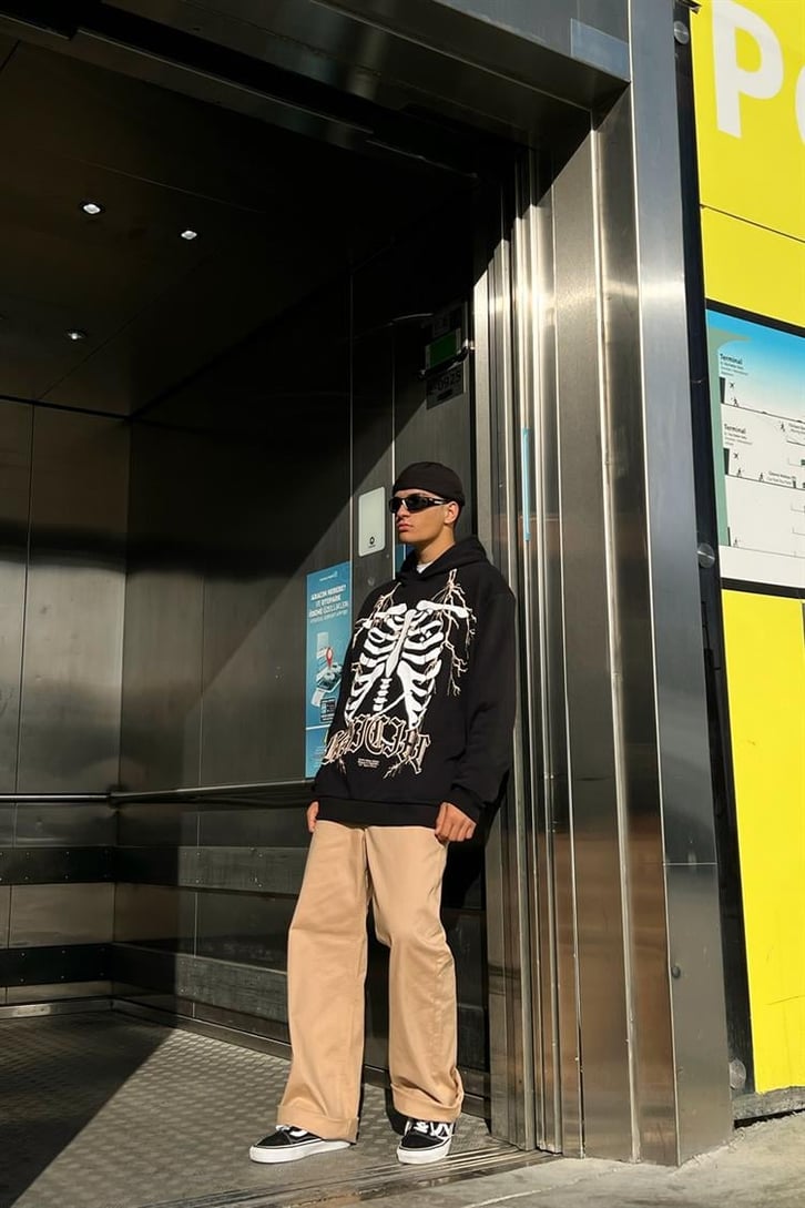 Rib Cage Baskılı Siyah İçi Pamuklu Oversize Hoodie