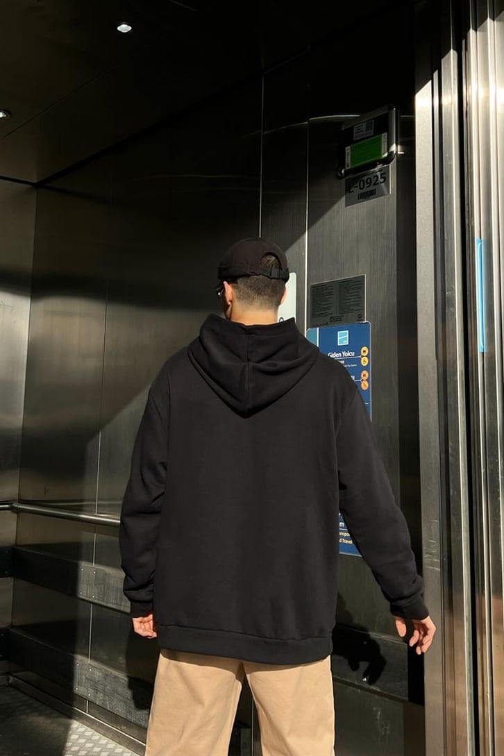 Rib Cage Baskılı Siyah İçi Pamuklu Oversize Hoodie
