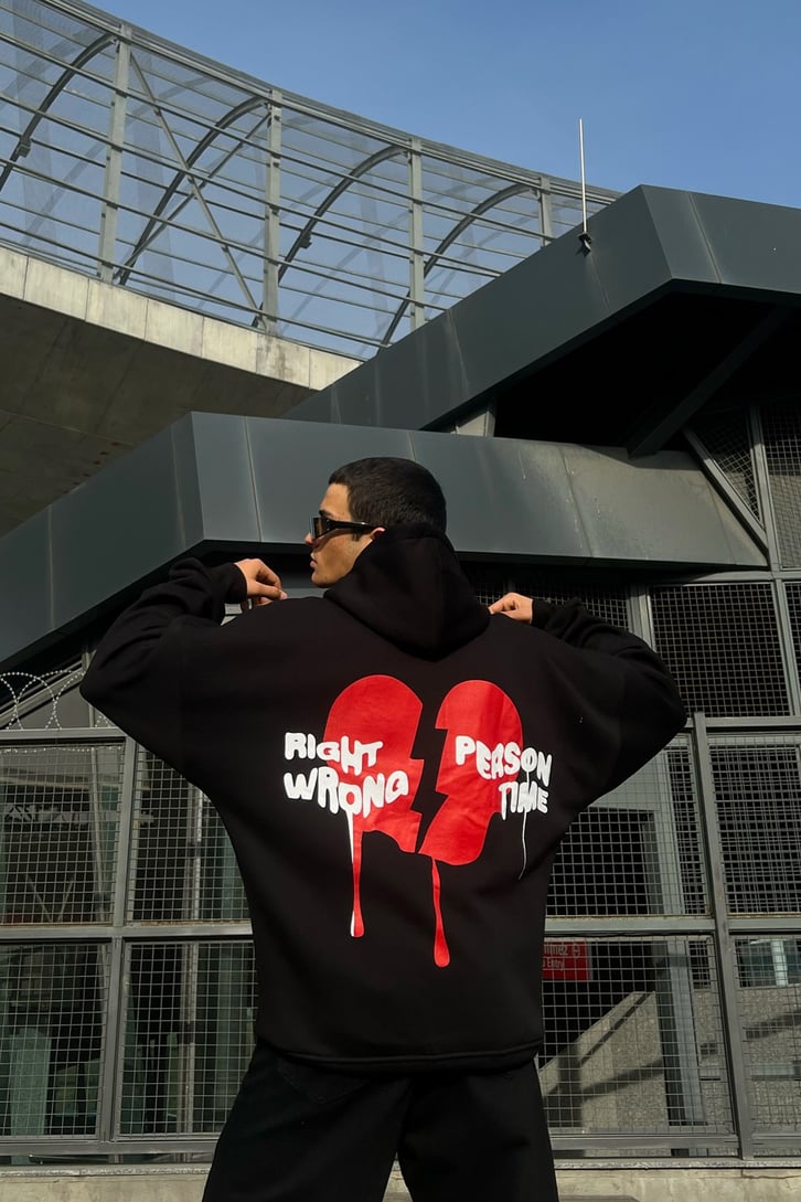 Right Wrong Baskılı Siyah Oversize Hoodie