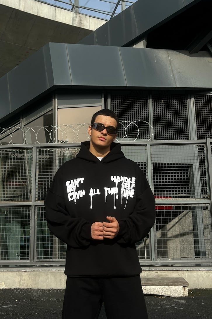 Right Wrong Baskılı Siyah Oversize Hoodie