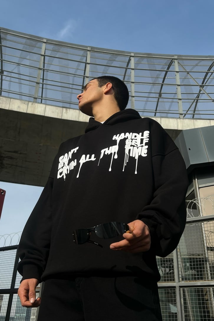 Right Wrong Baskılı Siyah Oversize Hoodie
